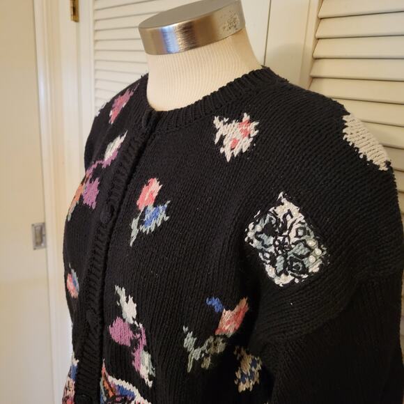 Vintage 90s Floral Knit Cardigan Sweater Michelle Stewart Black M Shoulder Pads - Picture 2 of 9